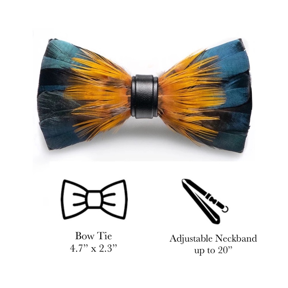 Handmade Blue and Green Spotted Feather Bow Tie Boutonnière Lapel Pin Set - Picture 12 of 12